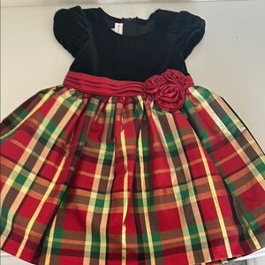 Festive Plaid Dress with Red Rose Detail